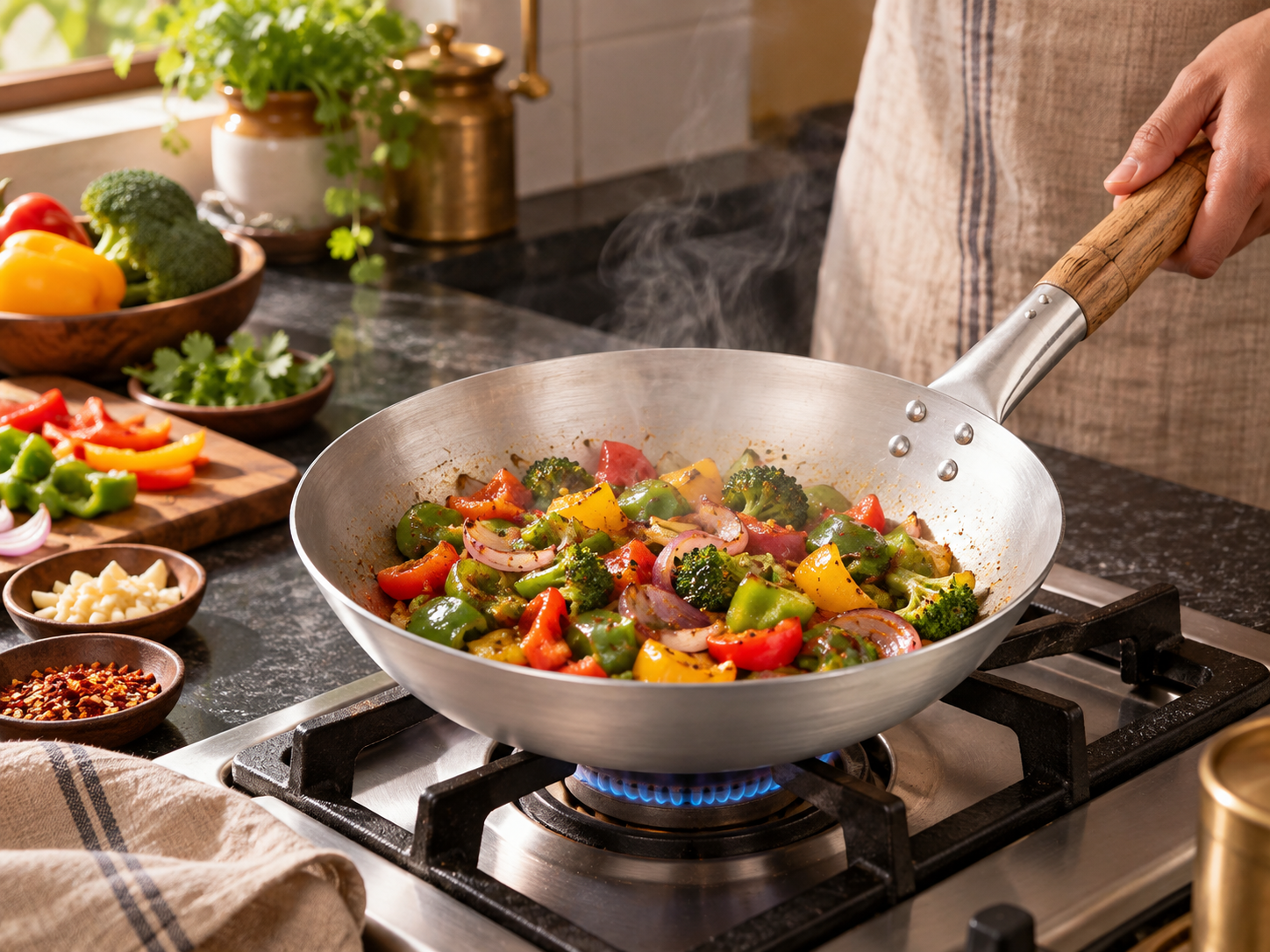 Iron pan in use cooking colorful vegetables on a home gas stove