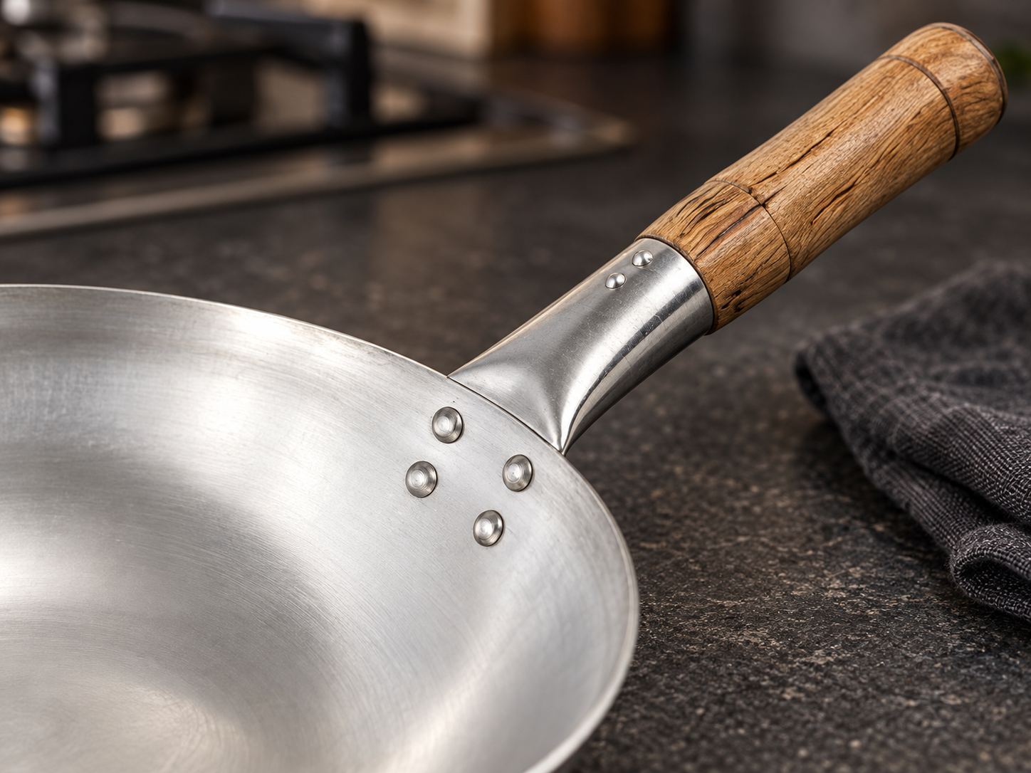 Close-up of the iron pan's riveted neck and natural wooden handle