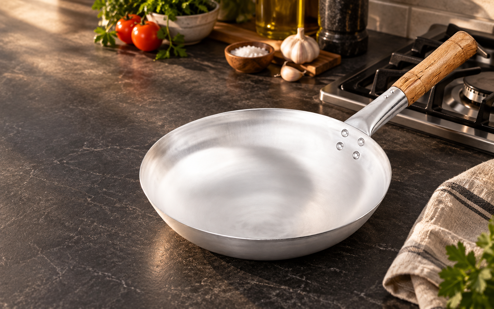 Silver frying pan with a wooden handle on a dark kitchen counter